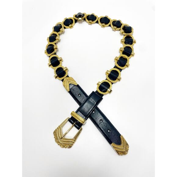 The Icing Black Gold Leather Hardware Belt Medium    Vintage - Picture 1 of 10